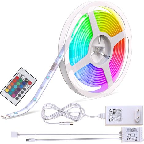 Striscia LED RGB da 5m con telecomando, cambia colore, accorciabile, adesiva, alimentatore con spina europea, nastro luminoso con rivestimento in silicone per soggiorno, cucina, camera, IP20 (1/4)