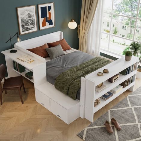 MODFU – Lit 120x200 cm bois blanc – Bureau et rangement relevable – Module réversible – Blanc (1/5)