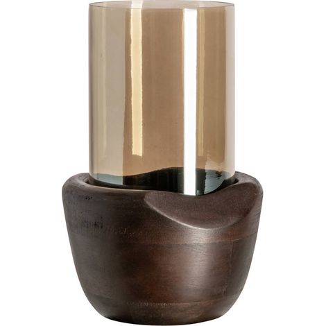 Photophore en verre ambré et bois foncé - noyer (1/4)