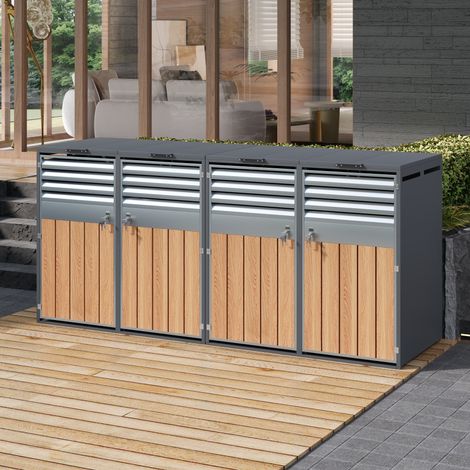 Mülltonnenbox mit 4 Fächern, Klappdeckeln und Schloss, 264 × 80 × 118,5 cm, Grau, REDOM (1/5)