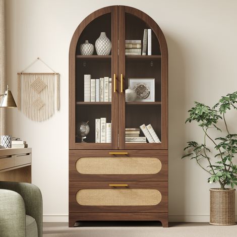 Vitrine avec portes vitrées et 2 tiroirs, 80 x 40 x 175 cm, MDF effet noyer (1/5)