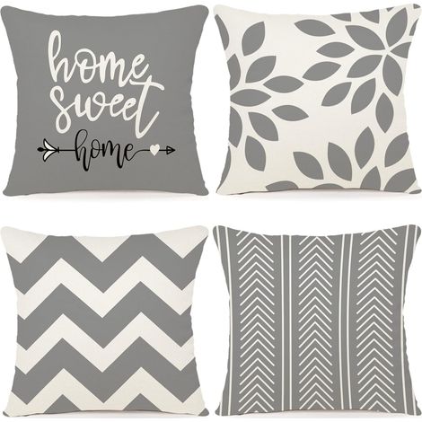 Lot de 4 Housses de coussin Lin, Fermeture invisible, 40x40 cm, Gris, Pour salon chambre jardin