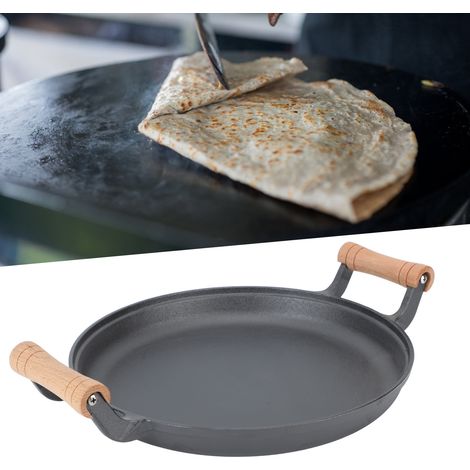Poêle à frire domestique en fonte à fond plat et manche en bois, plaque de cuisson épaisse, pour faire des crêpes et des crêpes aux oignons verts, plaque de cuisson à bord peu profond de 33 cm avec ma (1/5)