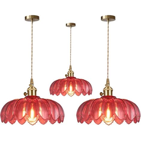 3x Lustre Suspension en Verre Rouge,Moderne Lampe de Plafond Vintage Abat-jour en Fleur avec Interrupteur ligne 1.5m Reglable (1/5)