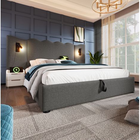 Bett Doppelbett Stauraum 160x200 Leinen Grau OKMYHOME (1/5)