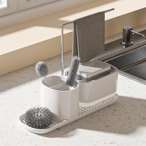 Spülbecken Organizer Spülbecken Caddy Organizer Edelstahl Utensilien Korb für Küche & Badezimmer mit Abflusspfanne, Klebstoff Arbeitsplatte Dual-Use Schwamm Bürste Seifenschale Halter (Weiß) (1/5)