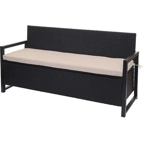 Poly-Rattan Banc 3 places HWC-F39 - Banc de jardin coffre - rangement Coussin d'assise - anthracite - coussin beige (1/5)