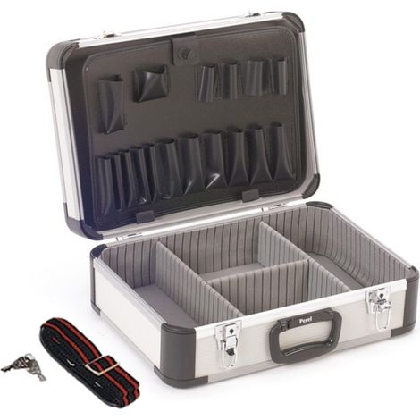 Mallette à outils vide, valise outils vide, mallette de rangement, valise transport, compartiments individuels, poches à outils, verrouillable, 2 clés incl., aluminium, bandoulière, gris, 460 x (1/5)