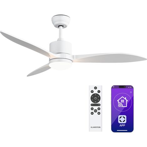 Klarstein SkyBreeze Ventilateur de Plafond - IP44 Extérieur & Intérieur, Télécommande & App, Silencieux 40 dB, 6 Vitesses, Lumière Graduable, Modes Été/Hiver, 132 cm, Blanc