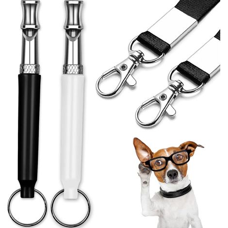 2 sifflets ultrasoniques pour chien, réglables, en acier inoxydable et plastique robuste, avec lanière, pour dressage et contrôle des aboiements (1/5)