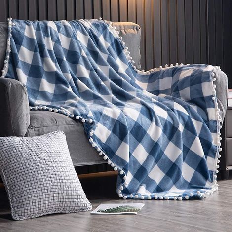 Fleecedecke mit Quastenfransen, blau-weiß karierter Flanellüberwurf für Schlafsofa, geeignet für alle Jahreszeiten (130 x 150 cm) (1/5)