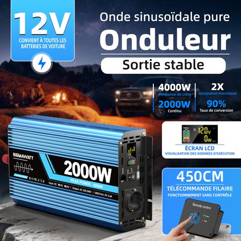 Convertisseur de Tension Onde Pure 12V 2000W Continu 4000W Crête, Onduleur pour Camping-Car et Installation Hors Réseau (1/5)