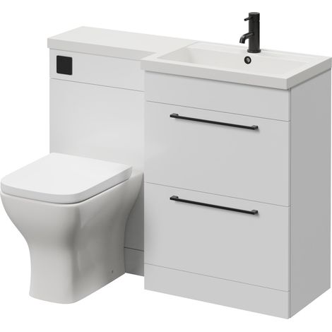 Napoli 390 Gloss White 1100mm 2 Drawer Vanity Unit Toilet Suite with Square Right Hand Lucia Basin - 1100mm - Matt Black 320mm HandleWith Kingston Toilet Pan and Seat