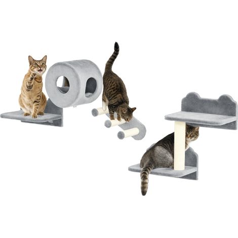 PawHut Cat Wall Furniture with Platforms, Steps, Perch, Cat House - Grey (1/5)