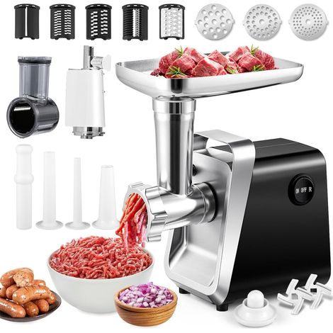 Hachoir a Viande Electrique 6en1 avec Tube à Saucisse, 3 Plaques de Ponçage en Acier Inoxydable (3,5,7mm), Accessoires pour Biscuits, Annexe Kubbe, Presse-Tomates,Rapeuse Legume Electrique