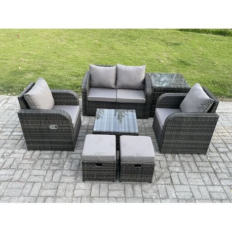 Fimous Ensemble de meubles de jardin en rotin avec Love Sofa Table basse carrée Tables d'appoint 2 Petit pouf Mélange gris foncé (1/5)