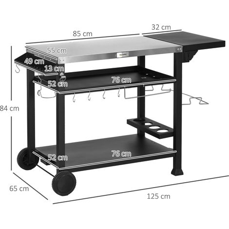 Chariot de barbecue Outsunny, table de barbecue avec table d'appoint pliante, 3 niveaux, 6 crochets, roulettes, casier à vin, plateau pour jardin et terrasse (1/5)