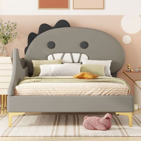 lit enfant 90x200, design cartoon dinosaure lit cabane enfant, matériau PU durable, tête de lit décorative (1/5)