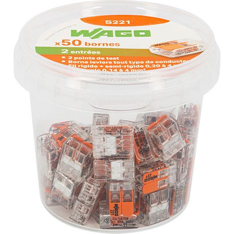 Wago – Pot de 50 bornes de connexion automatique 2 entrées – CAGE CLAMP® pour fils souples et rigides – 32A – 405V – 0.14 à 4 mm²