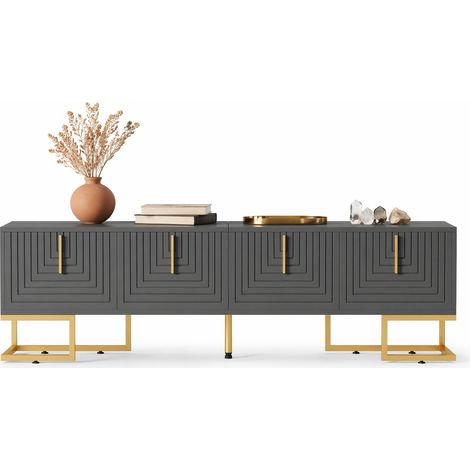 Meuble TV bas gris anthracite 170 cm avec 4 portes, rangements intégrés, poignées et pieds dorés en panneaux de particules, style moderne pour salon - CHICFURN (1/5)