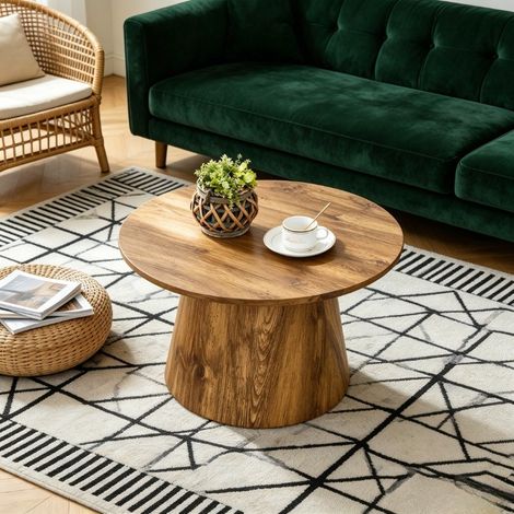 Table basse ronde en MDF revêtue de feuille de bois naturel – 60 cm de diamètre × 35 cm de hauteur – idéale comme table d'appoint au salon ou petite table de balcon (1/5)