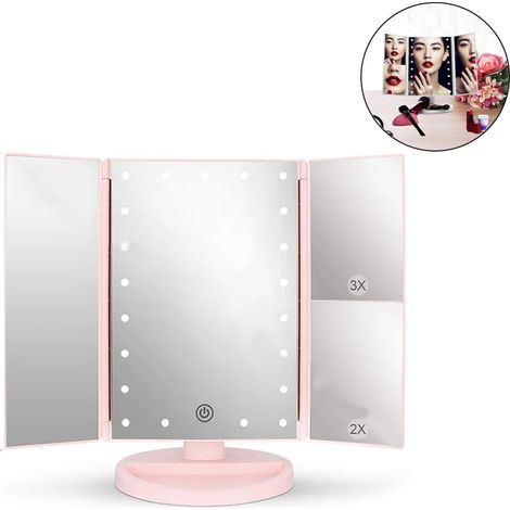 Espejo de Maquillaje 2X/3X Aumento 22 Luces LED Interruptor Táctil Diseño Triple Plegable 180° Rotación Espejo Cosmético (1/4)
