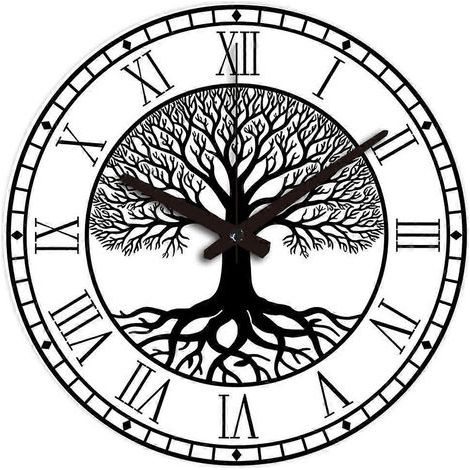 Runde Wanduhr (30 cm Durchmesser) mit schwarzem Lebensbaum-Motiv, geräuschlos, mit römischen Ziffern, batteriebetrieben, ideal für Wohnzimmer, Küche oder Büro. Batteriebetrieben. Geeignet für die (1/5)