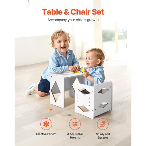 Ensemble Table et Chaises pour Diversification Autonome Enfants, Mobilier pour DME en Bois, Table de d'Activités pour Enfants, Hauteur Réglable, pour Dessiner Lire Manger, Tout-petits, Blanc (1/5)