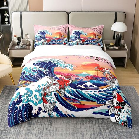 Coton Koi Housse de Couette 240 x 260,Japonais Ukiyo Style Vagues Parure de Lit,Fuji Mountain Carp Sun Literie Set,Bleu Orange Rouge Sakura Poisson Couvre Lit (1/5)
