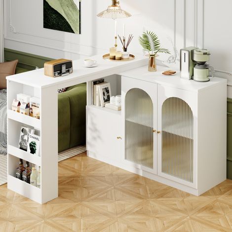 Tavolo bar girevole in MDF bianco 120x40x97 cm con contenitore e anta in vetro (1/5)