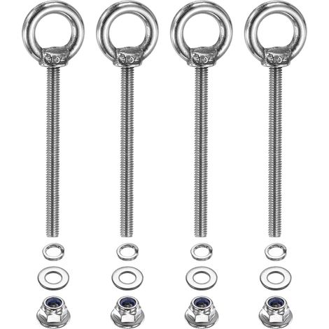 Piton à œil M4 x 50mm avec épaulement, 4 Pcs Acier Inoxydable 304 Anneau de Levage Piton Fileté avec Écrous Freins à Collerette Rondelles Grower et Plates Arrimage Intérieur (1/5)