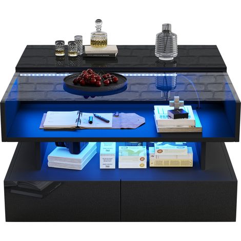 CHICFURN Mesa de centro elevable 80x80x45 cm negra, aglomerado, vidrio templado y LED (1/5)