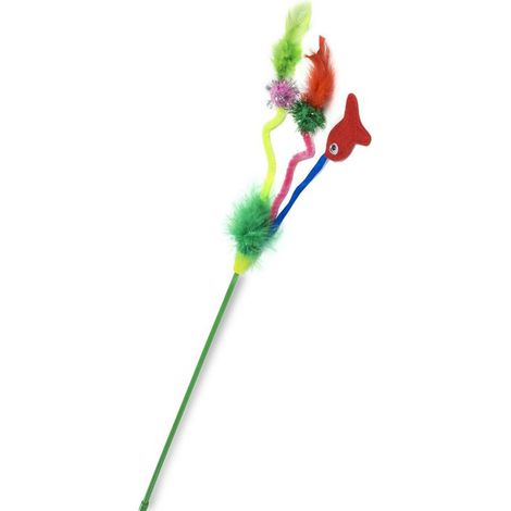 Yarro  Giocattolo per gatti  Canna da pesca verde con piume e pesce 40cm - Canna da pesca verde con piume e pesce 40cm