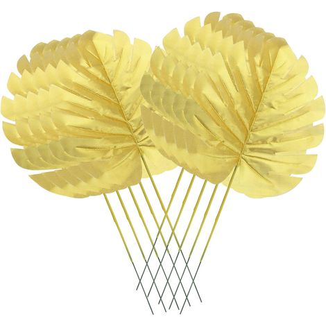 10 piezas de hojas artificiales de imitación de caparazón de tortuga con decoración dorada, hojas de palmera tropical para fiestas. (1/5)