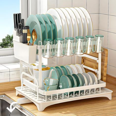 Escurridor de platos de cocina AIDUCHO de 2 niveles, bandeja extraíble y soporte para cubiertos, escurridor de platos para colocar sobre el fregadero, color blanco. (1/5)