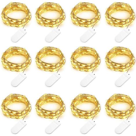 Guirlande lumineuse de 12 LED blanc chaud (2 m, 20 LED incluses) en fil de cuivre, fonctionnant sur piles (6 piles de rechange incluses). Idéale pour les décorations de Noël, mariages, fêtes et déguis