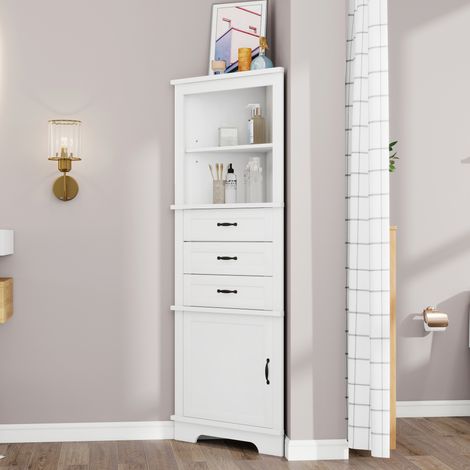 Colonne d’angle salle de bain blanche 167,5 cm avec tiroirs, niches ouvertes, placard et étagères ajustables