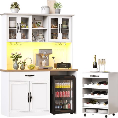 ELVMI Armario Alto de Cocina con 4 Puertas de Cristal, Cajón, Botellero y LED para Cocina, 140 x 38 x 180 cm (1/5)