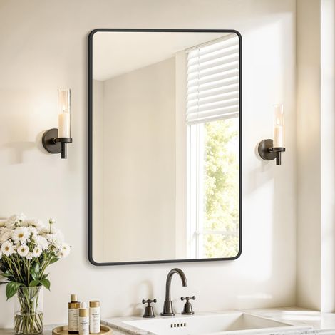 SONGMICS Specchio Bagno, Specchio da Parete, Rettangolare, Cornice in Alluminio, 91 x 61 cm, Pellicola di Sicurezza, 2 Opzioni di Sospensione, Soggiorno Camera da Letto, Nero Inchiostro LWM010BD01 (1/5)