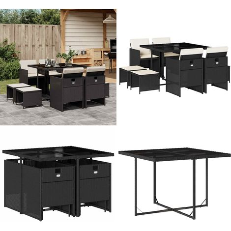 Set da Pranzo da Giardino 9 pz con Cuscini Nero in Polyrattan - Sedie da giardino - Tavolo da giardino