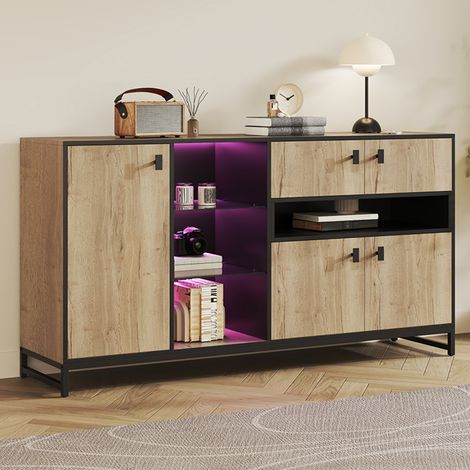 Armario de almacenamiento 160x40x84.5 cm natural en madera engineered con puertas dobles, estantes de vidrio y balda ajustable (1/5)