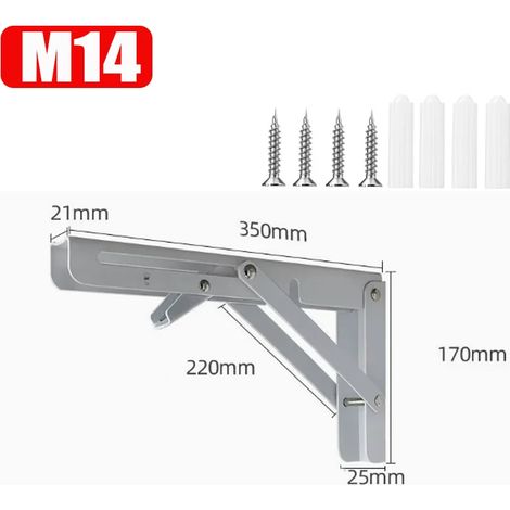 (M14-2PCS) Équerre triangulaire pliante en métal, robuste, pour table, établi, étagère, support de meuble réglable avec vis de fixation (1/5)