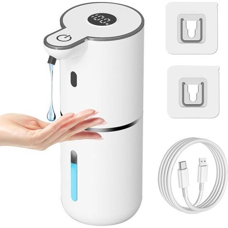 Distributeur automatique de savon liquide, rechargeable par USB, intelligent, 6 niveaux réglables, 380 ml, montage mural, pour salle de bain, cuisine et lave-vaisselle. (1/4)