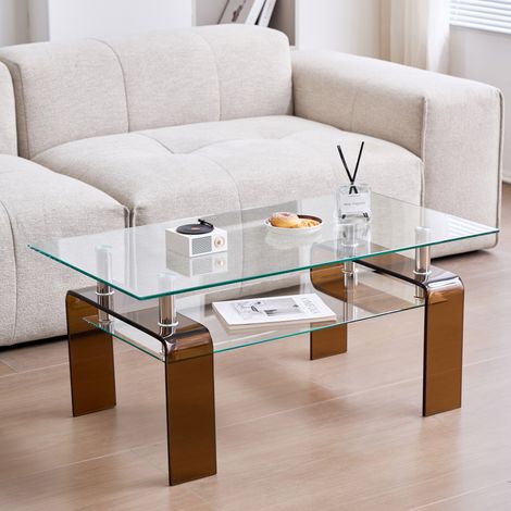 Mesa de centro de cristal templado transparente 100 x 55 x 45 cm con dos niveles HAVRYA (1/5)