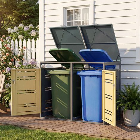 Abri pour 2 poubelles gris et jaune en acier galvanisé avec portes verrouillables et couvercles à vérins pour jardin terrasse (1/5)