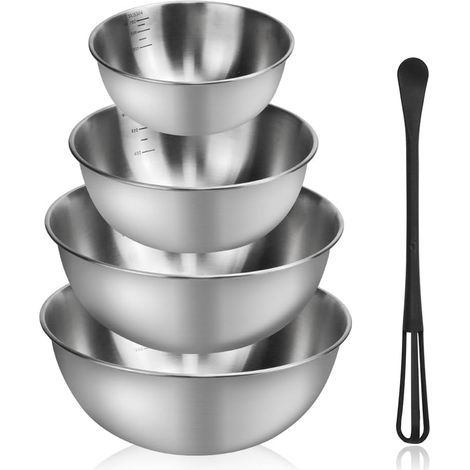 Juego de 4 boles mezcladores de acero inoxidable: bol para mezclar, bol, bol antideslizante para ensalada y varilla para remover, ideales para cocinar y hornear. (1/5)