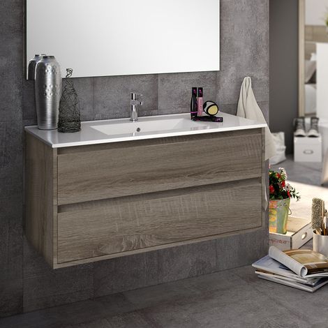 Meuble sous vasque seul, 2 tiroirs, 100cm, pour simple vasque - britannia (chêne foncé) - IRIS (1/4)