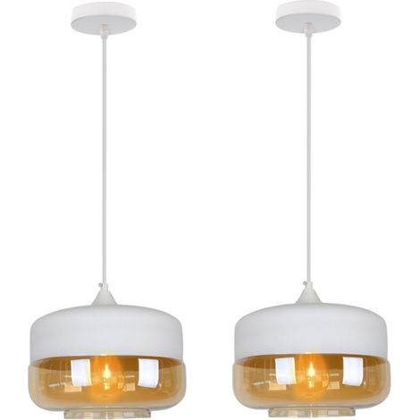 Suspension Luminaire Vintage Industriel Lustre Suspension Abat-jour en Verre Lustre Plafonnier Blanc et Ambre E27 Ø25CM - 2Pcs (1/5)