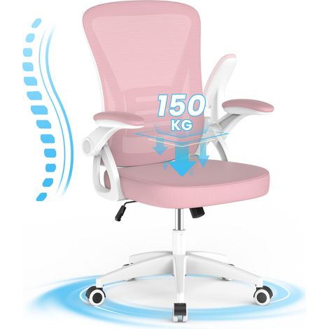 Fauteuil de bureau Ergonomique - accoudoirs pliables - réglable en hauteur 41-51 cm - dossier lombaire - Siège 50x50 cm- Base pivotante 360° - Capacité 150 kg - Rose
