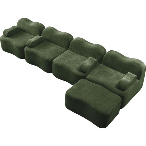 Canapé modulaire sans armature en L 4 places avec 1 ottoman, forme ondulée, mousse haute densité 32D, coussin d'accoudoir mobile, tissu doux, pour le salon, vert (1/5)